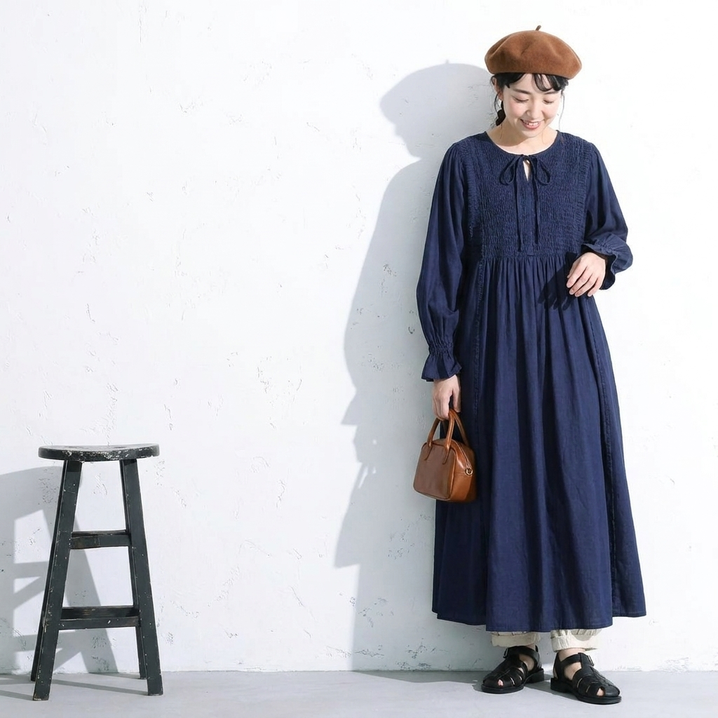 刺繍入り Aラインロングワンピース