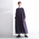 綿麻 バンドカラー長袖ストレートワンピース