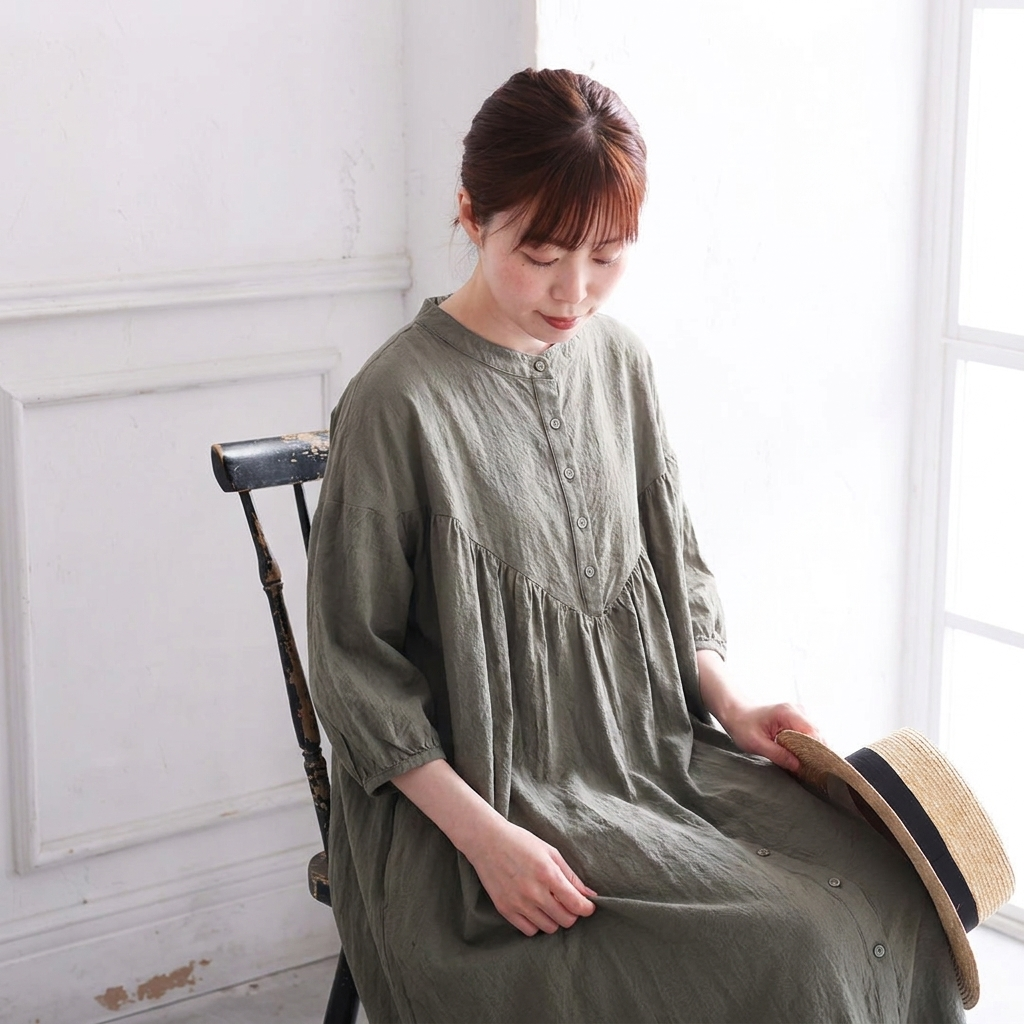 綿麻 バンドカラー長袖ストレートワンピース