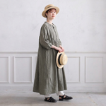綿麻 バンドカラー長袖ストレートワンピース