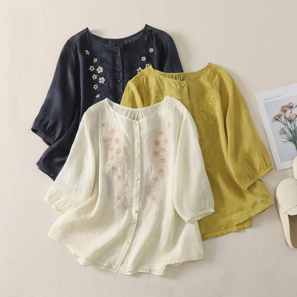 ストレッチ なし ボタン ホルターネック 刺繍 五分袖 レトロ シャツ