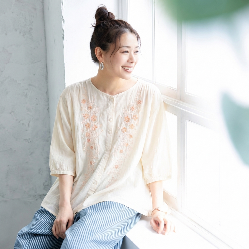ストレッチ なし ボタン ホルターネック 刺繍 五分袖 レトロ シャツ