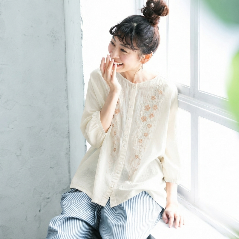 ストレッチ なし ボタン ホルターネック 刺繍 五分袖 レトロ シャツ