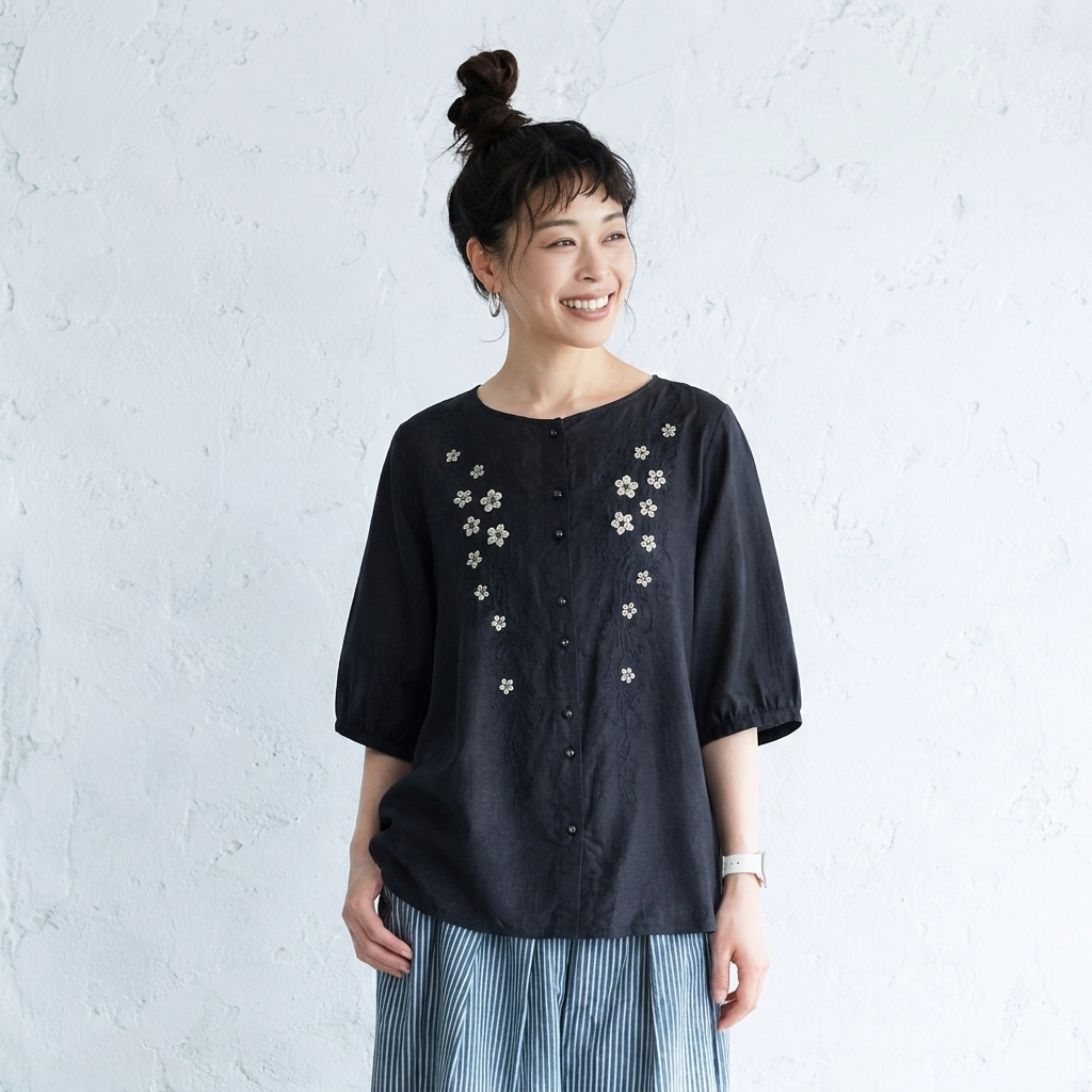 ストレッチ なし ボタン ホルターネック 刺繍 五分袖 レトロ シャツ