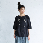 ストレッチ なし ボタン ホルターネック 刺繍 五分袖 レトロ シャツ