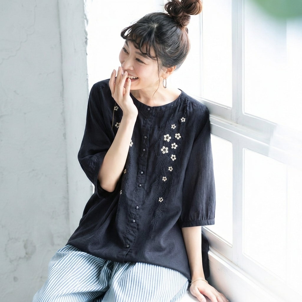 ストレッチ なし ボタン ホルターネック 刺繍 五分袖 レトロ シャツ