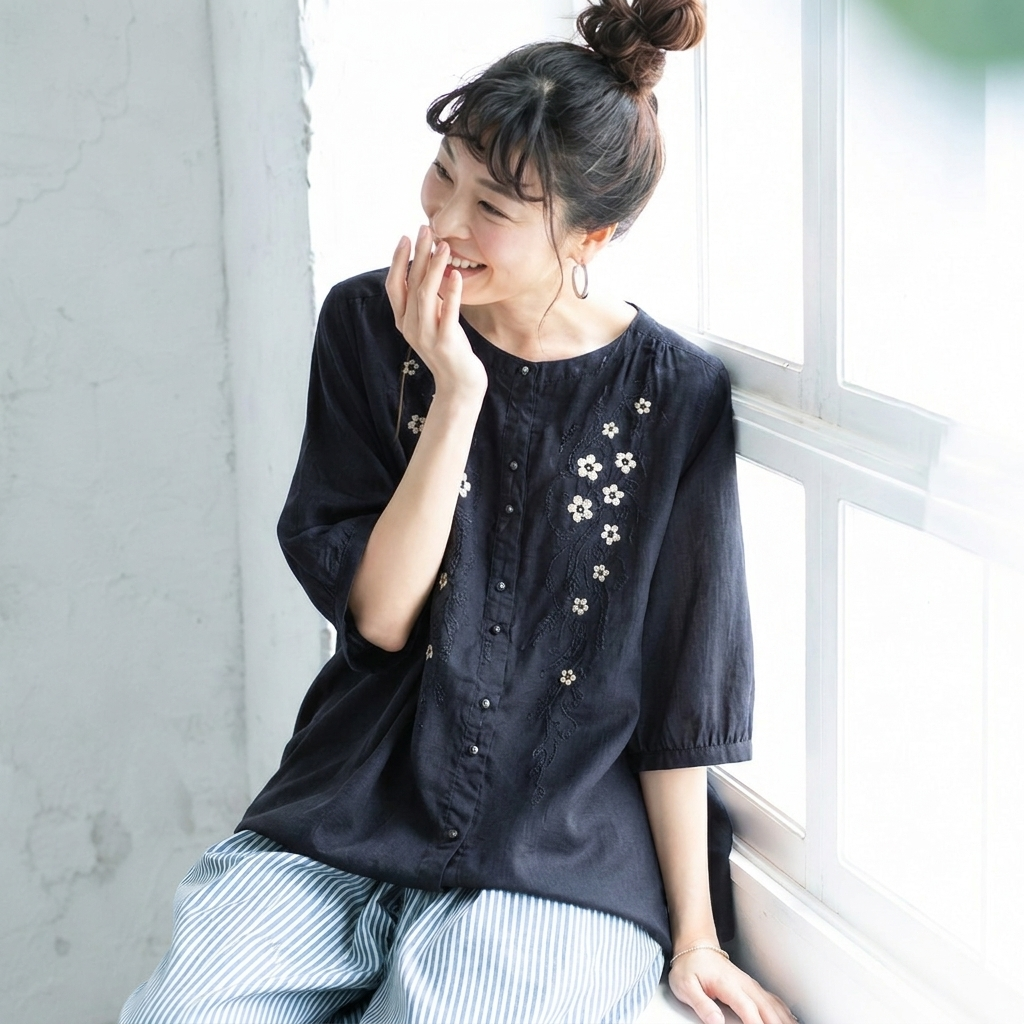 ストレッチ なし ボタン ホルターネック 刺繍 五分袖 レトロ シャツ