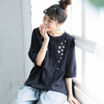 ストレッチ なし ボタン ホルターネック 刺繍 五分袖 レトロ シャツ