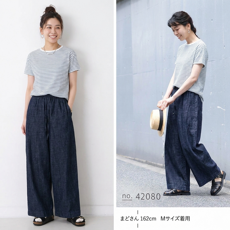 ベルト付き デニムワイドクロップドパンツ
