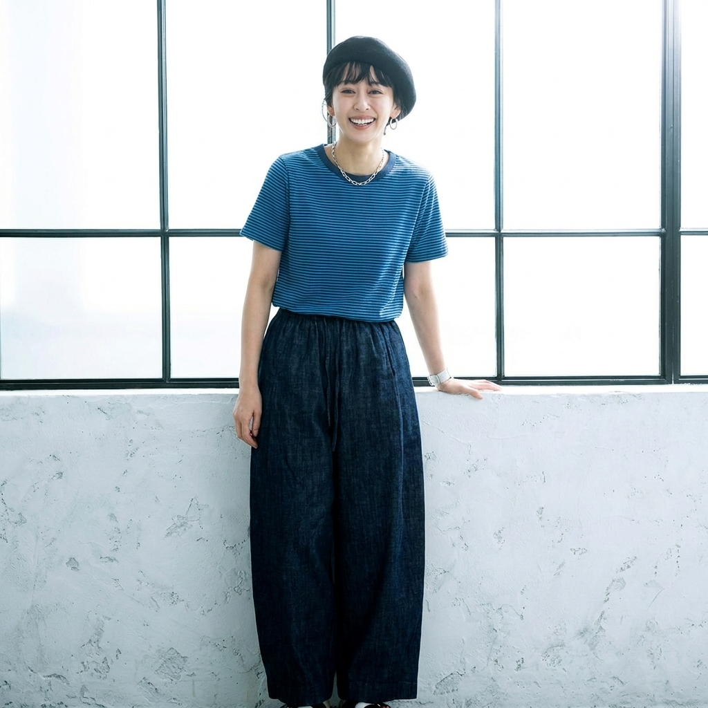 ベルト付き デニムワイドクロップドパンツ