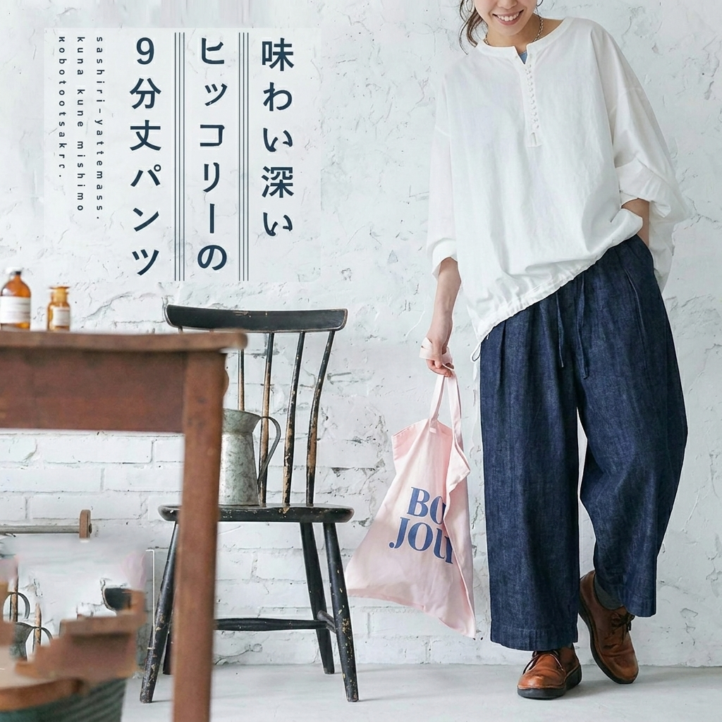 ベルト付き デニムワイドクロップドパンツ